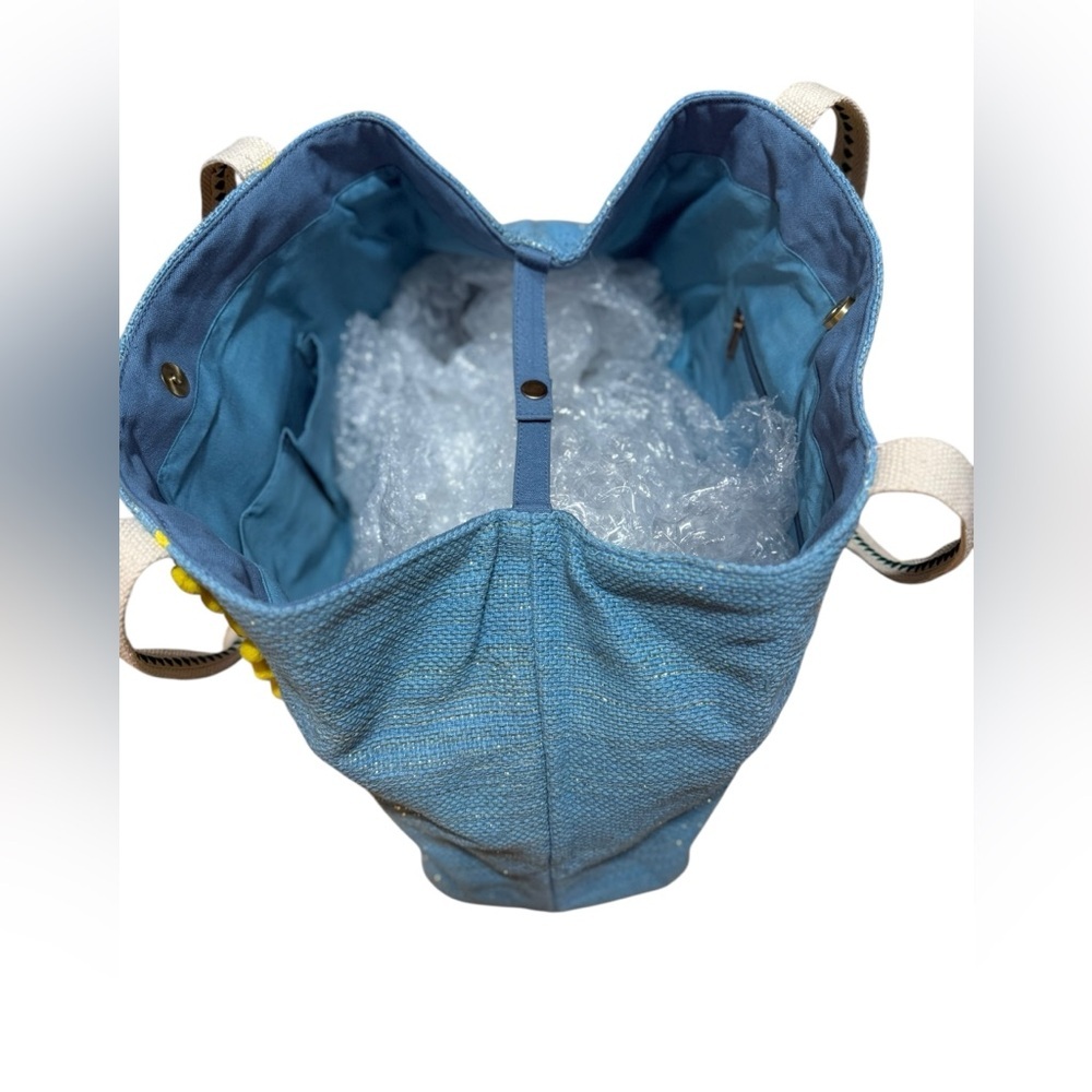 Beach Bag Express Edit Tote-Blue Tropical Embroidered Tote Bag with Pom-Pom Trim - Picture 12 of 16